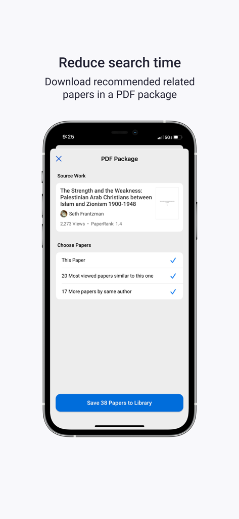 Academia.edu mobile app interface for downloading a PDF package of related scholarly research papers