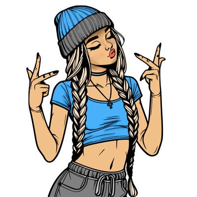 realistic teenage girl with braids and a beanie and crop top doing 🫶🏼