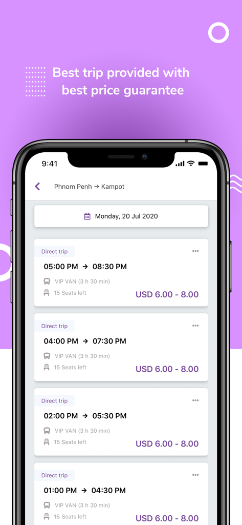 Kimseng Express - Trip booking screen for Kimseng Express showing van schedules from Phnom Penh to Kampot