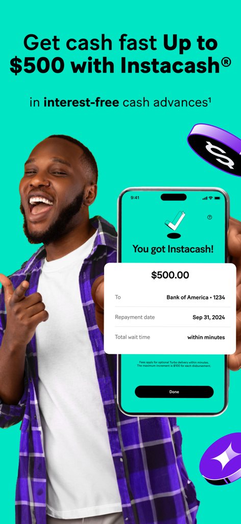 MoneyLion app screen showing a 500 dollar interest free cash advance