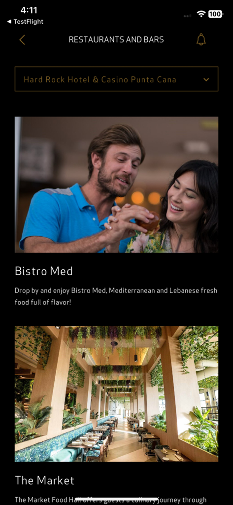 PAM Hotels App zeigt Restaurant- und Baroptionen im Hard Rock Hotel und Casino Punta Cana.