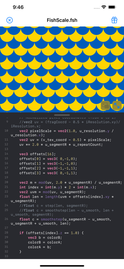 Shaderly - GLSL Shader Editor - Uma tela dividida mostrando o código do shader GLSL e uma pré-visualização ao vivo de um padrão de escamas de peixe amarelo e azul