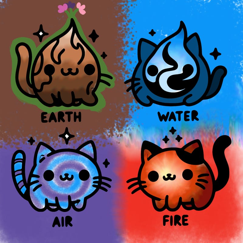 4 cats that represent the different elements, earth, water, air, and fire