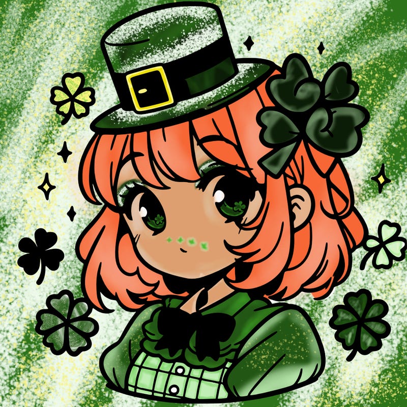 a manga-style girl with clovers around her, a little hat in her hair, like it's saint patrick's day