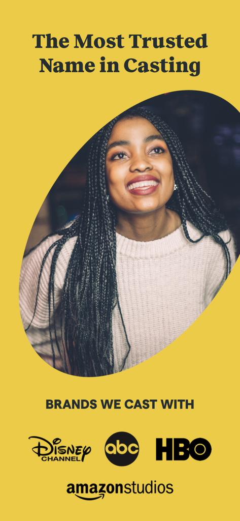 Backstage - Casting Calls - 디즈니 ABC, HBO와 같은 주요 엔터테인먼트 로고가 있는 백스테이지 앱 인터페이스에서 웃고 있는 여배우