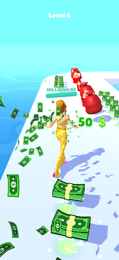 Un personaje con un vestido dorado recogiendo fajos de dinero en la jugabilidad de Run Rich 3D.