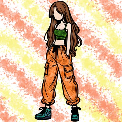 girl in baggy pants crop top and long hair