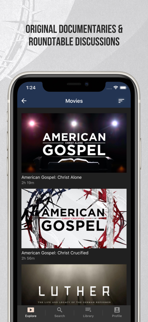 AGTV - AGTV mobile app showing a list of Christian documentaries