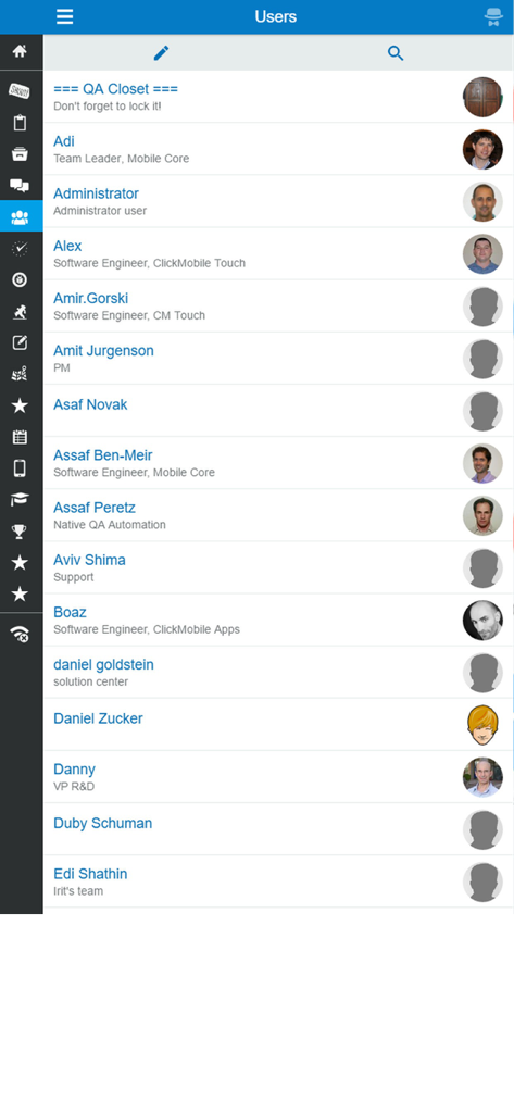 ClickMobile Touch - User directory screen in ClickMobile Touch showing a list of team members with names and job titles