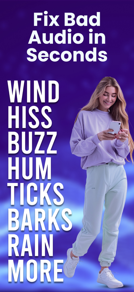 Audio Cleaner: Volume Booster - Woman using her smartphone to remove background noise like wind and hum with Audio Cleaner app