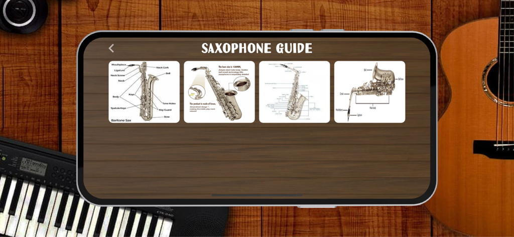 Educational diagrams showing the anatomy and parts of a saxophone in the Saxophone Instrument app.