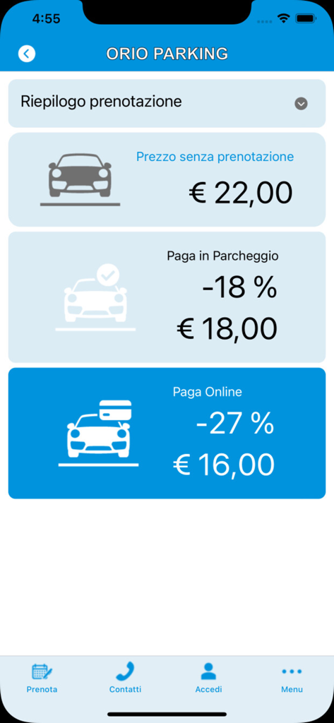 Orio Parking - Screenshot dell'app Orio Parking che mostra i prezzi di prenotazione e gli sconti per il pagamento online o al parcheggio