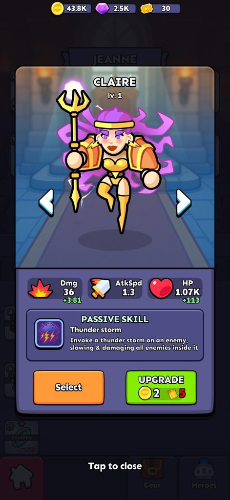 Fortress Merge - Perfil de la heroína Claire en Fortress Merge mostrando estadísticas y habilidad pasiva de tormenta eléctrica.