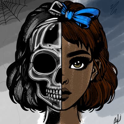 realistic girl with half skull mask