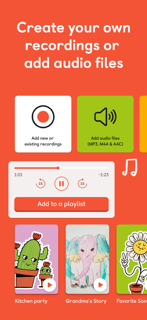 Interface of the Yoto app showing options to create new recordings or add audio files for custom playlists.