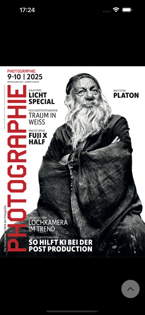Photographie Magazin - Cover of Photographie Magazin featuring a black and white portrait of an elderly man and headlines about lighting and AI