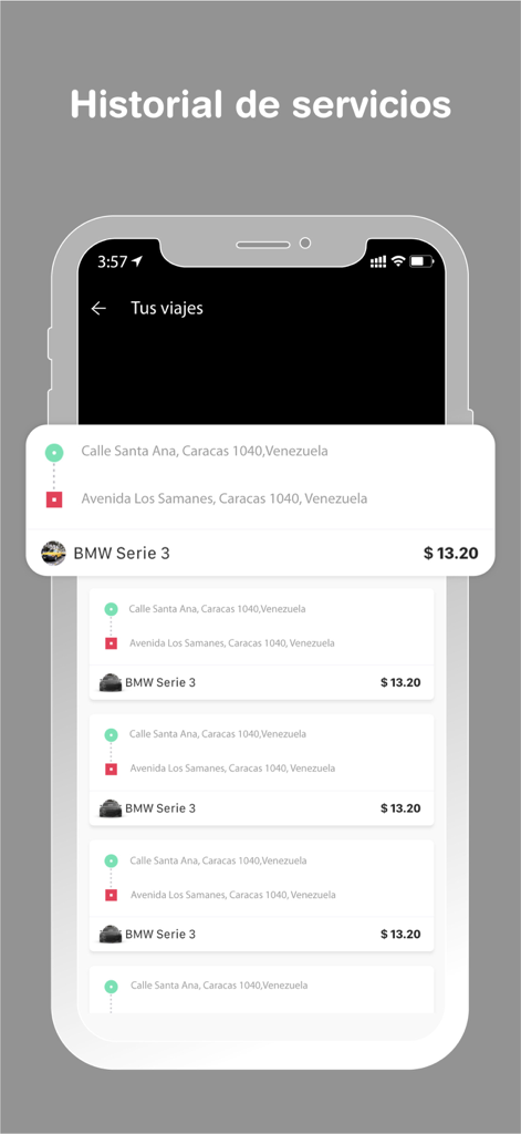 Dai - The Dai app service history screen showing a list of past trips with pickup and drop-off locations and prices.