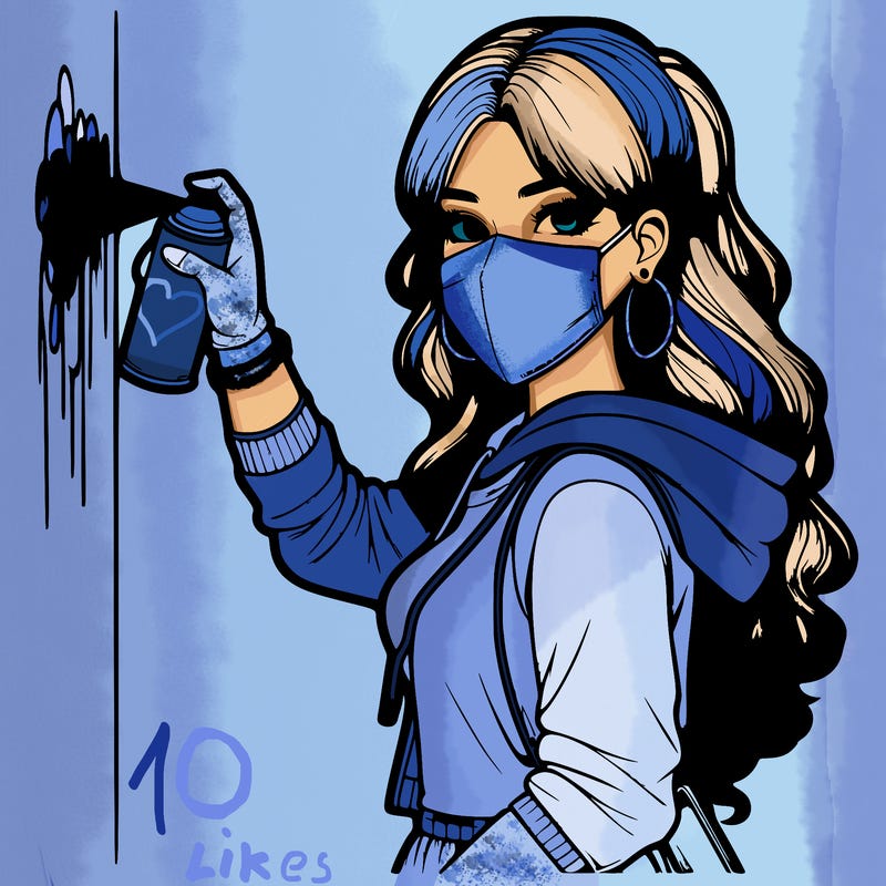 realistic girl with mask spray painting a wall