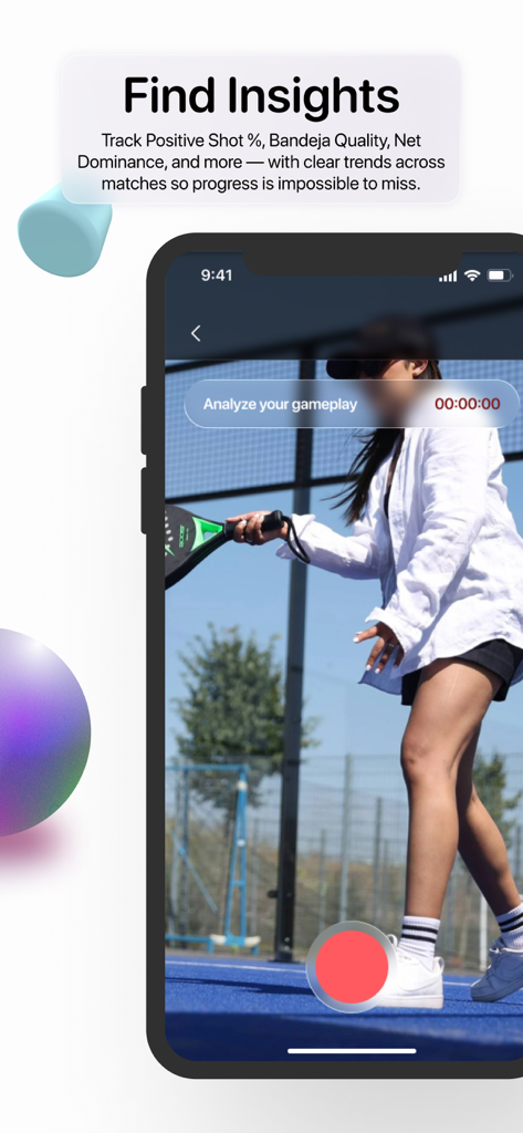 A mobile screen showing the Padlo app interface analyzing a padel player on court to provide performance insights