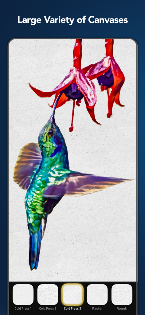Oilbrush: Oil Painting Effects - Pintura digital al óleo de un colibrí con opciones para elegir diferentes texturas de lienzo.