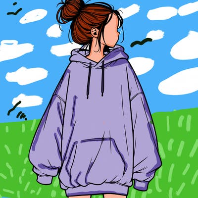 realistic girl with a oversized sweatshirt on and a bun