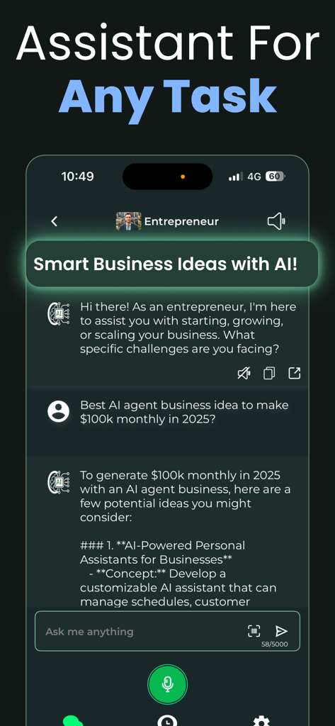 CAI Chat AI: Poly AI Assistant - Tela de chat de IA mostrando ideias de negócios de um assistente empreendedor
