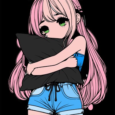 realistic girl hugging pillow in shorts with long hair