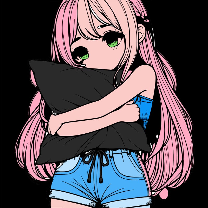 realistic girl hugging pillow in shorts with long hair