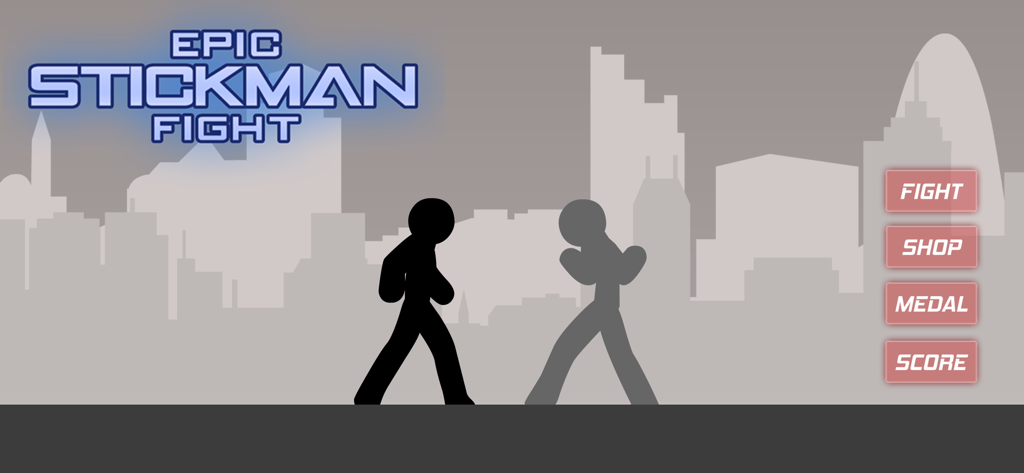 Menu principale del gioco Stickman Epic Fight con due personaggi stickman e pulsanti di gioco