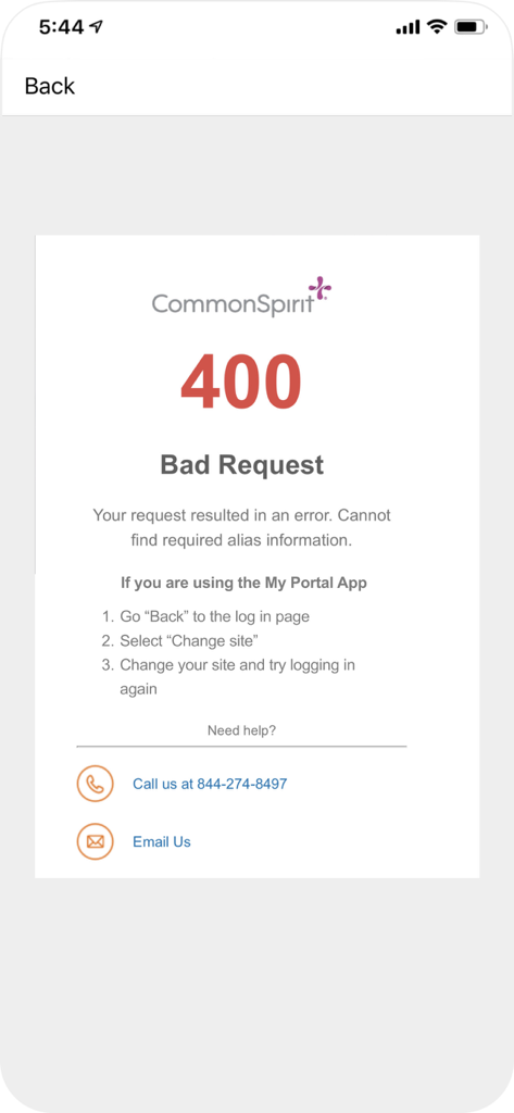 Screenshot of a 400 Bad Request error in the Dignity Health my portal app showing troubleshooting steps