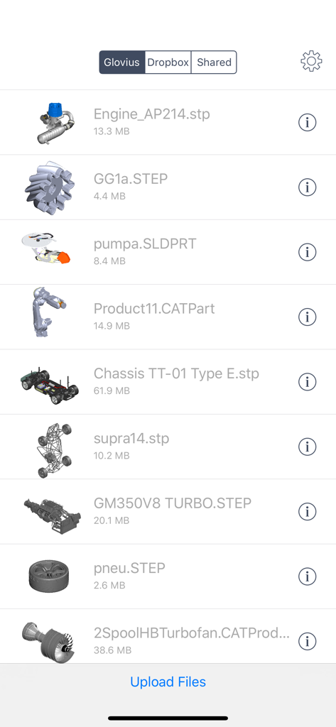 Una lista de archivos CAD 3D en varios formatos como STEP y CATPart dentro de la biblioteca de la aplicación Glovius