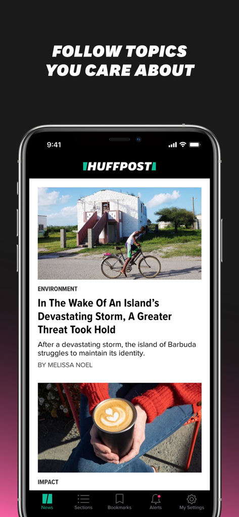 HuffPost mobile app interface showing a news feed with personalized topics and environment articles