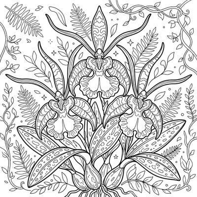Dive into the exquisite detail of this adult coloring page featuring stunning Psychopsis Orchids, also known as 'Butterfly Orchids.' This intricate design offers a mindful escape, perfect for colorists seeking a challenging and rewarding botanical art experience.