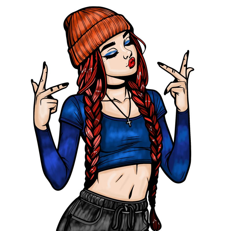 realistic teenage girl with braids and a beanie and crop top doing 🫶🏼