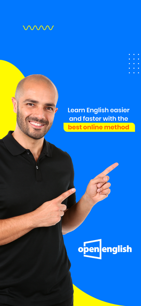 A smiling man pointing to the text Learn English easier and faster with the best online method for the Open English app.