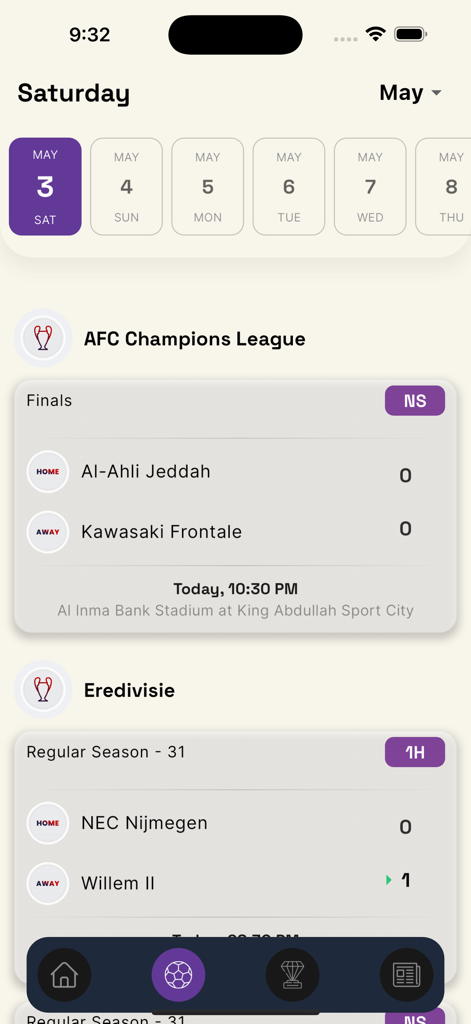 KAKA Sport app screen displaying live football scores and match schedules for various leagues