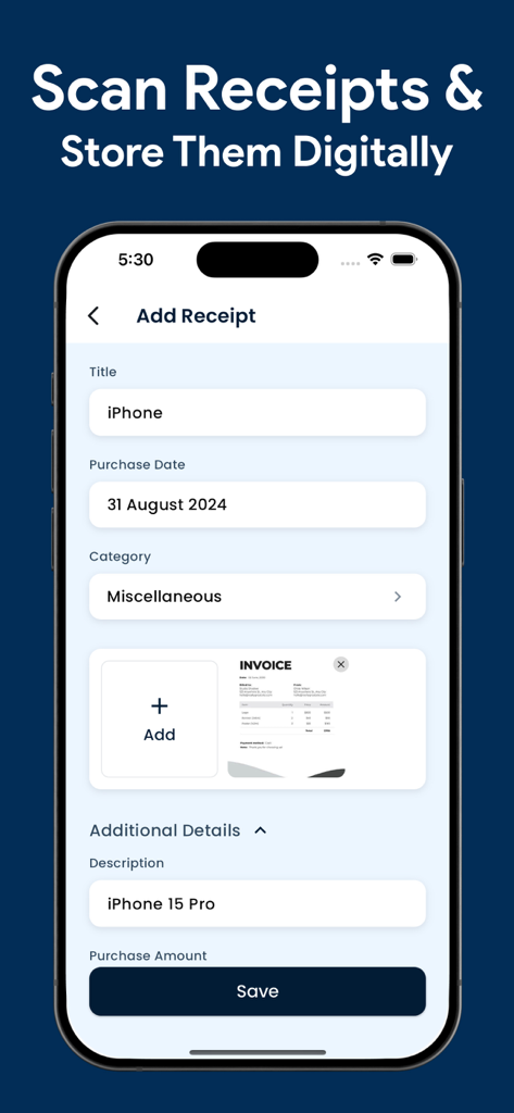 Receipt Organizer : ReceiptBox - Interface of ReceiptBox app showing how to scan and store receipts digitally with purchase details