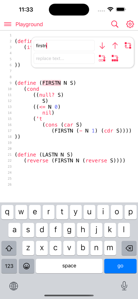 My Lisp - iPhone에서 검색 및 바꾸기 도구가 있는 코드 편집기를 보여주는 My Lisp 앱 플레이그라운드