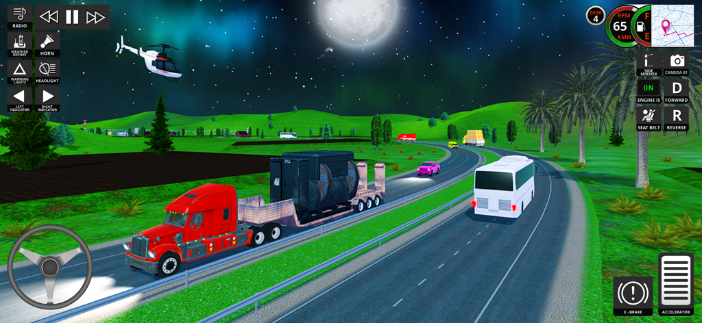A red truck driving on a highway at night under a full moon in Truck Simulator Silk Road