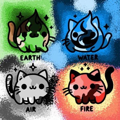 4 cats that represent the different elements, earth, water, air, and fire