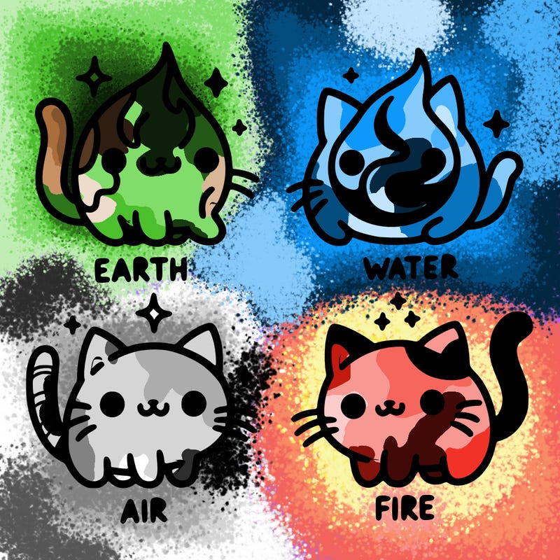 4 cats that represent the different elements, earth, water, air, and fire
