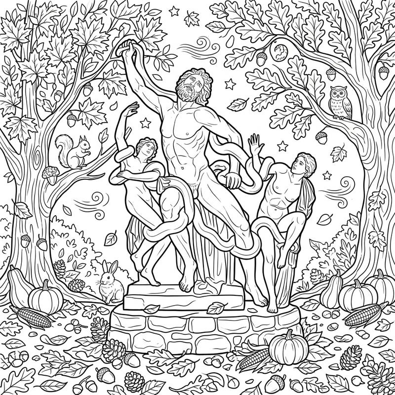 Step into a world where classical art meets the beauty of the fall season with this intricate coloring page. Discover a majestic people sculpture nestled within a rich autumn forest, brimming with festive details and woodland charm.