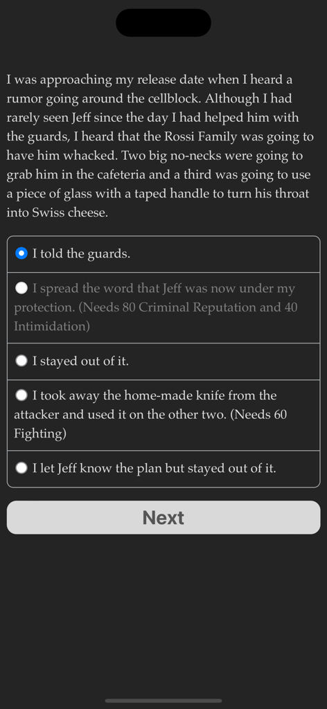 Life of a Mobster - A text based choice screen in the game Life of a Mobster showing different narrative story paths