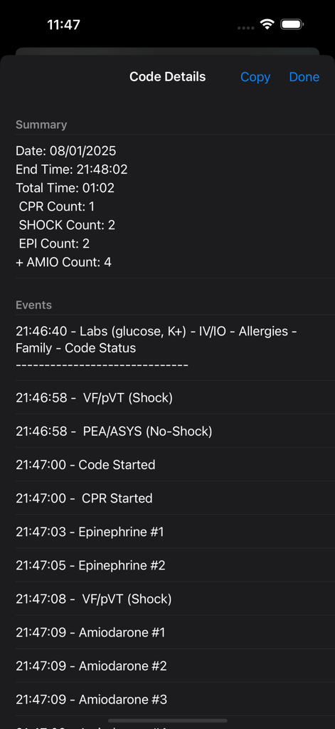 Code Timer Plus - A summary screen of the Code Timer Plus app showing recorded timestamps for CPR, shocks, and medication administration during a medical code simulation.