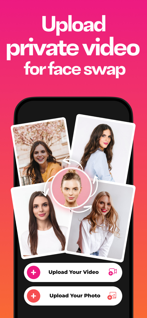 Mobile app interface showing options to upload private videos and photos for AI face swapping with several portrait previews.