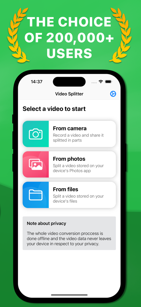 Video Splitter: Longer Stories - Main screen of Video Splitter app for iOS showing options to select videos from camera photos or files and a note about offline privacy.