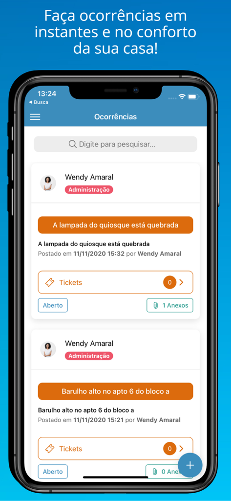 Control Condo - Mobile app screen showing a list of reported incidents like maintenance issues and noise complaints in a condo community