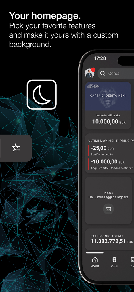 Smartphone showing the Banca Generali Private app customized homepage in dark mode with total assets and account transactions