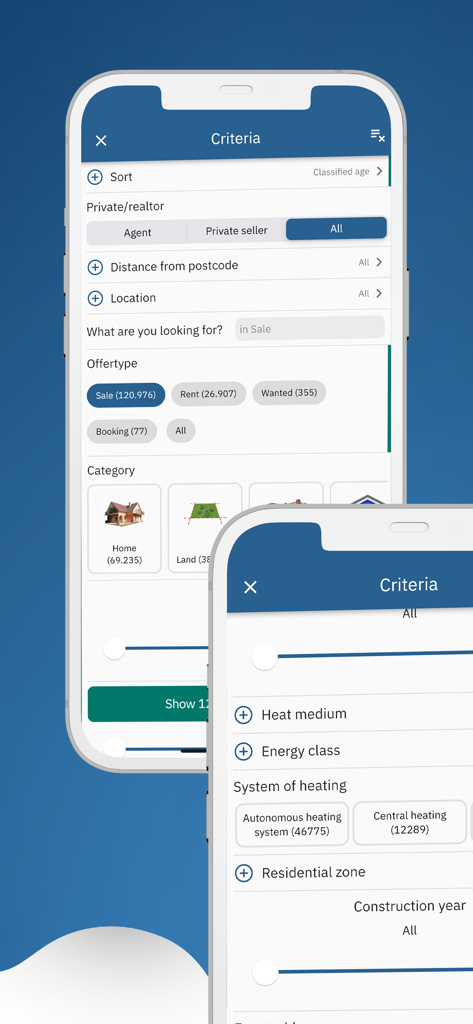 Interfaz de aplicación móvil que muestra criterios de búsqueda avanzados y filtros para anuncios inmobiliarios griegos, incluyendo ubicación, tipo de propiedad y sistemas de calefacción.