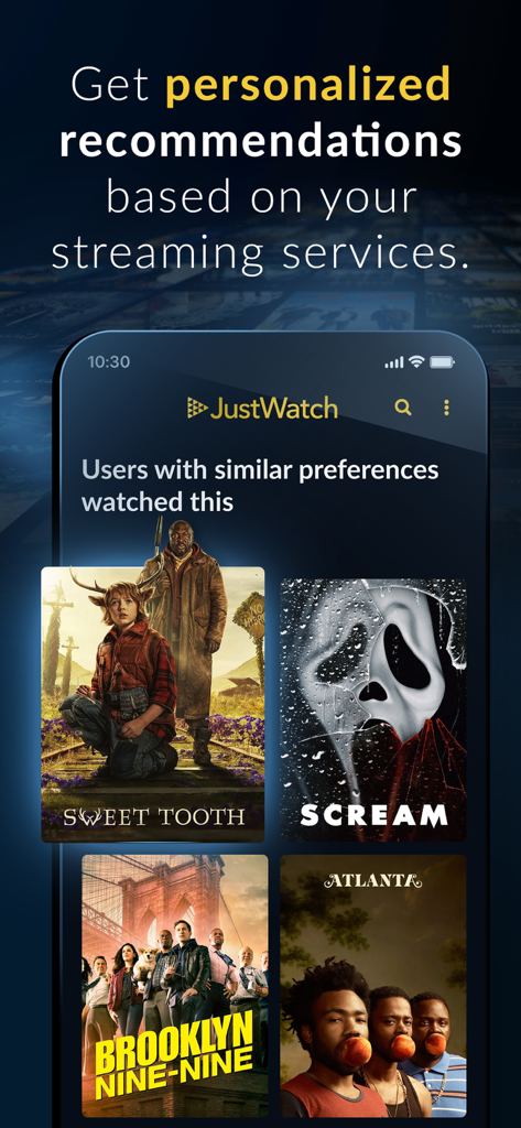 JustWatch app interface showing personalized movie and TV show recommendations based on user streaming services.